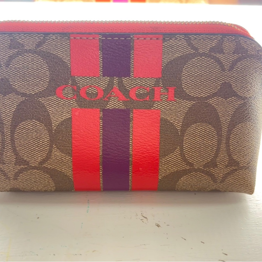 Coach Brown Signature Cosmetic Pouch with Red and Purple Center Stripes
